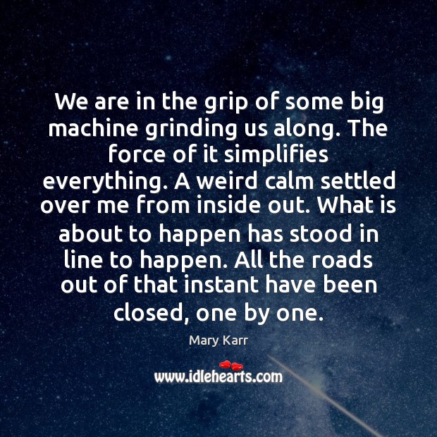 We are in the grip of some big machine grinding us along. Mary Karr Picture Quote