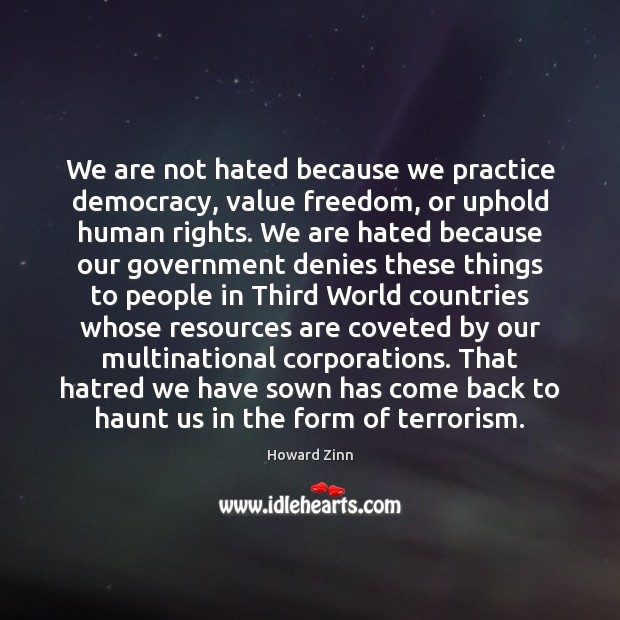 We are not hated because we practice democracy, value freedom, or uphold Howard Zinn Picture Quote