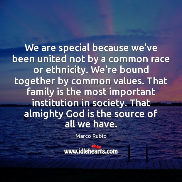 We are special because we’ve been united not by a common race Marco Rubio Picture Quote