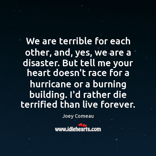We are terrible for each other, and, yes, we are a disaster. Joey Comeau Picture Quote
