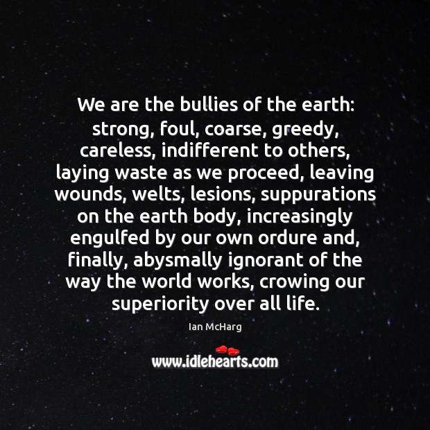 We are the bullies of the earth: strong, foul, coarse, greedy, careless, Ian McHarg Picture Quote