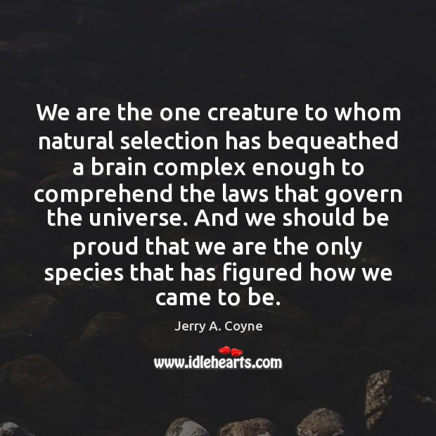 We are the one creature to whom natural selection has bequeathed a Jerry A. Coyne Picture Quote