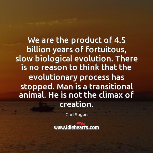 We are the product of 4.5 billion years of fortuitous, slow biological evolution. Carl Sagan Picture Quote