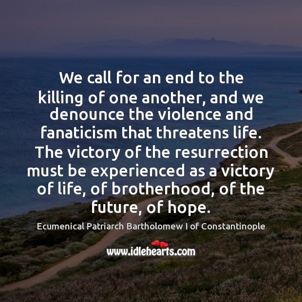 We call for an end to the killing of one another, and Ecumenical Patriarch Bartholomew I of Constantinople Picture Quote