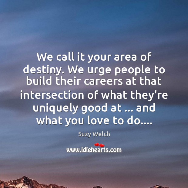 We call it your area of destiny. We urge people to build Suzy Welch Picture Quote