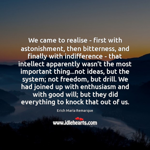 We came to realise – first with astonishment, then bitterness, and finally Erich Maria Remarque Picture Quote