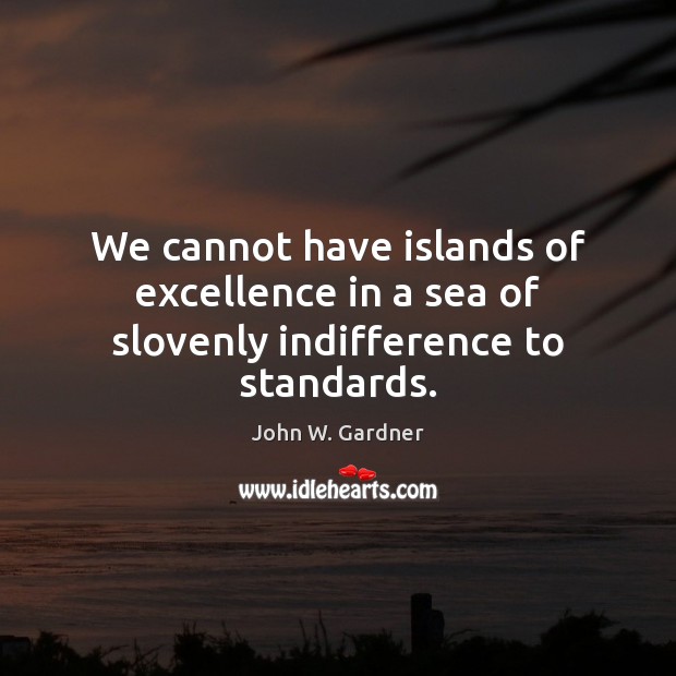 We cannot have islands of excellence in a sea of slovenly indifference to standards. John W. Gardner Picture Quote