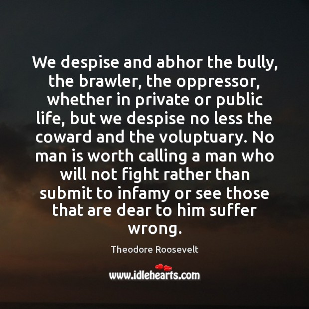 We despise and abhor the bully, the brawler, the oppressor, whether in Theodore Roosevelt Picture Quote