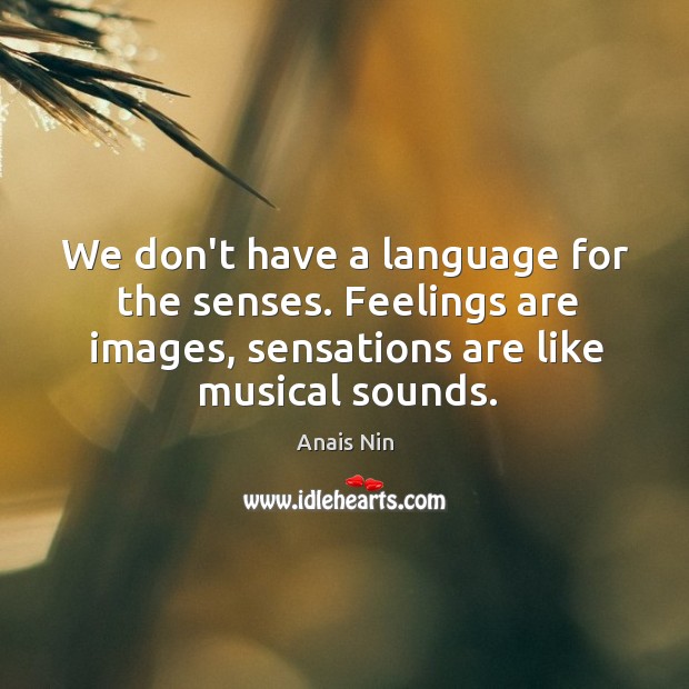We don’t have a language for the senses. Feelings are images, sensations Anais Nin Picture Quote