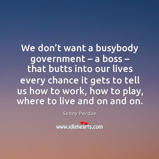 We don’t want a busybody government – a boss – that butts into our lives every chance Sonny Perdue Picture Quote