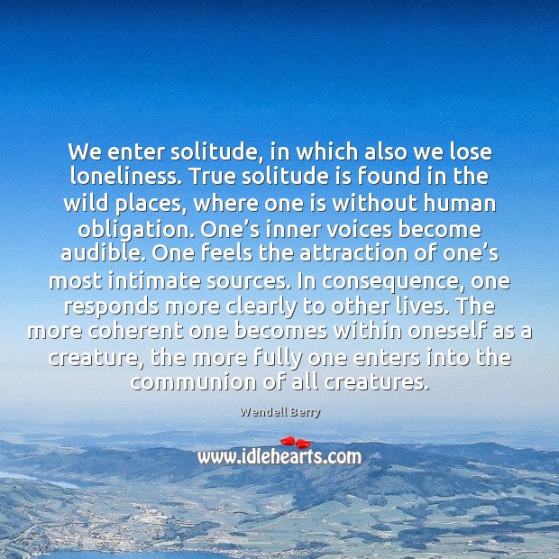 We enter solitude, in which also we lose loneliness. True solitude is Wendell Berry Picture Quote