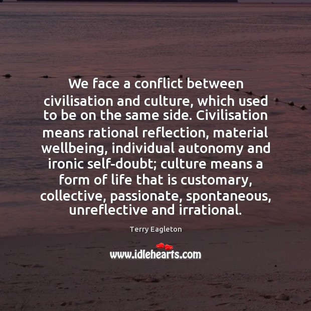 We face a conflict between civilisation and culture, which used to be Terry Eagleton Picture Quote