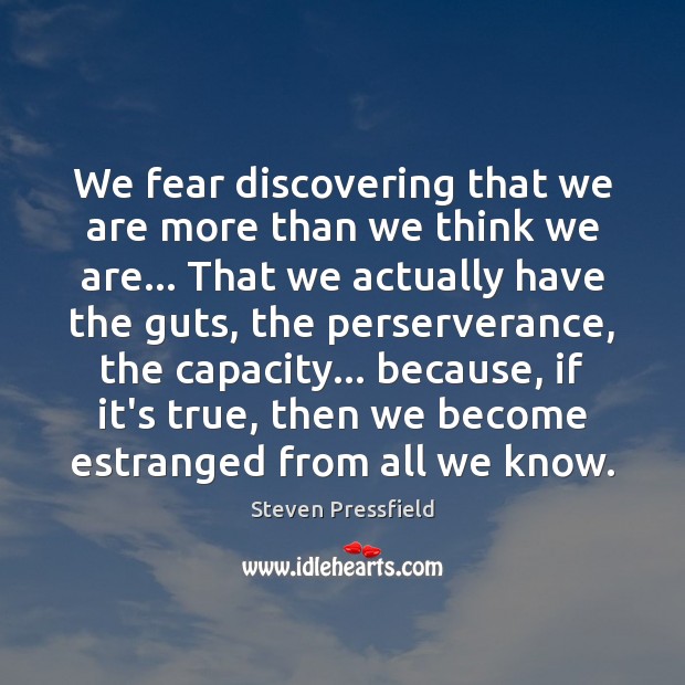 We fear discovering that we are more than we think we are… Steven Pressfield Picture Quote