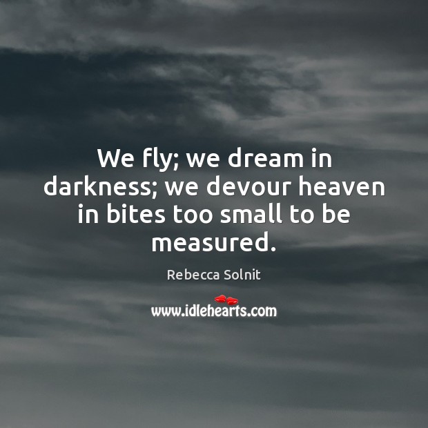 We fly; we dream in darkness; we devour heaven in bites too small to be measured. Rebecca Solnit Picture Quote
