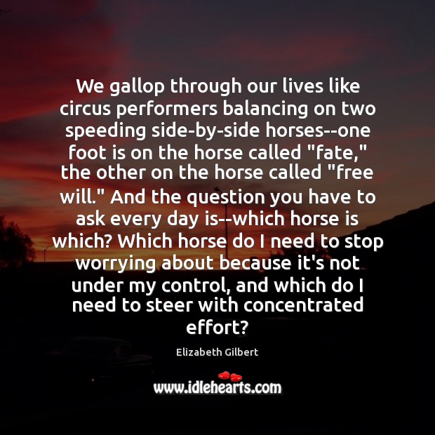 We gallop through our lives like circus performers balancing on two speeding Elizabeth Gilbert Picture Quote