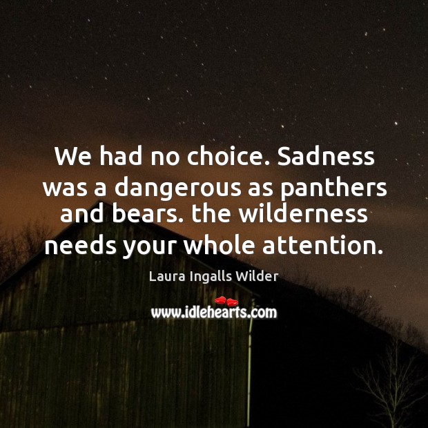 We had no choice. Sadness was a dangerous as panthers and bears. Laura Ingalls Wilder Picture Quote