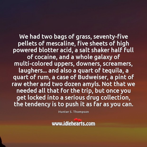 We had two bags of grass, seventy-five pellets of mescaline, five sheets Hunter S. Thompson Picture Quote