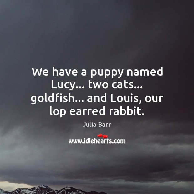 We have a puppy named Lucy… two cats… goldfish… and Louis, our lop earred rabbit. Julia Barr Picture Quote