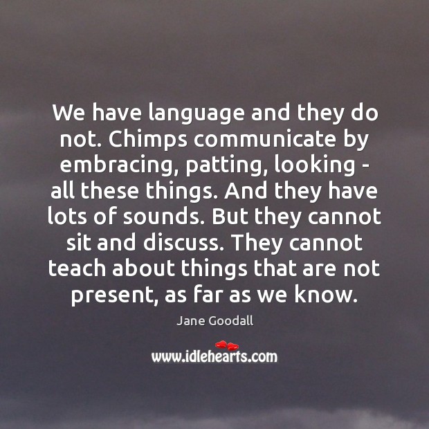 We have language and they do not. Chimps communicate by embracing, patting, Jane Goodall Picture Quote