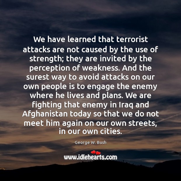 We have learned that terrorist attacks are not caused by the use George W. Bush Picture Quote