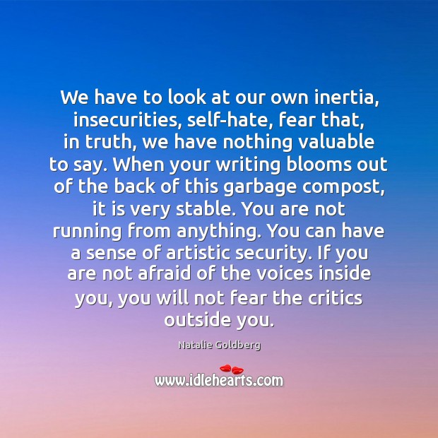 We have to look at our own inertia, insecurities, self-hate, fear that, Natalie Goldberg Picture Quote
