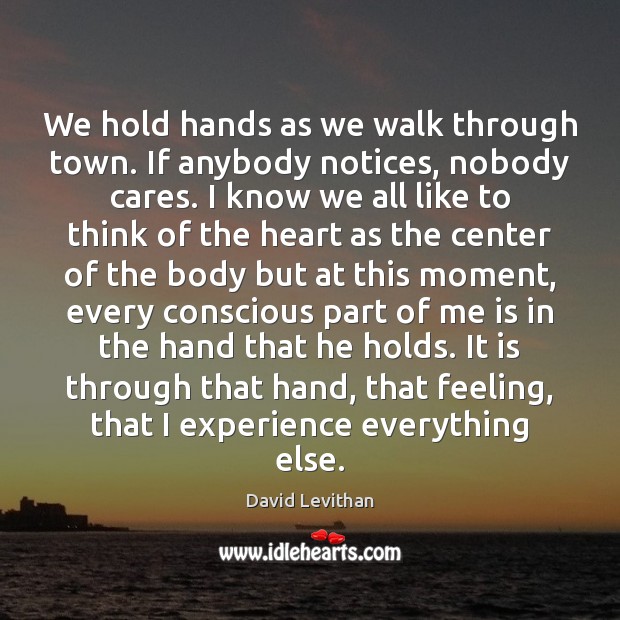 We hold hands as we walk through town. If anybody notices, nobody David Levithan Picture Quote