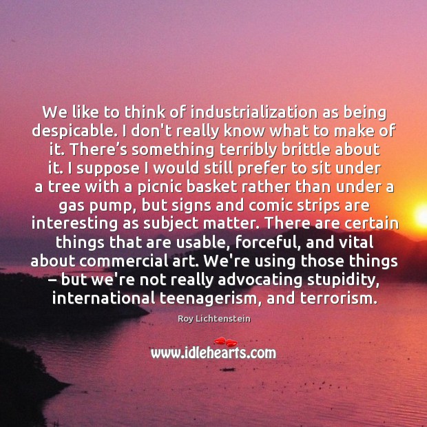 We like to think of industrialization as being despicable. I don’t really Roy Lichtenstein Picture Quote