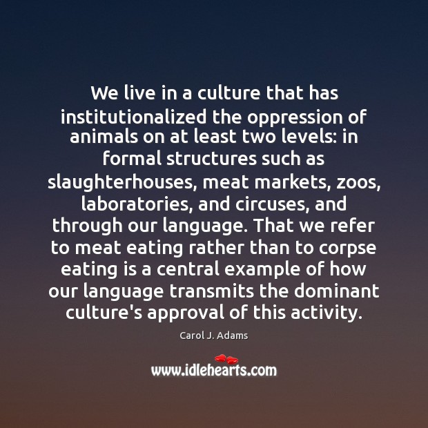 We live in a culture that has institutionalized the oppression of animals Carol J. Adams Picture Quote