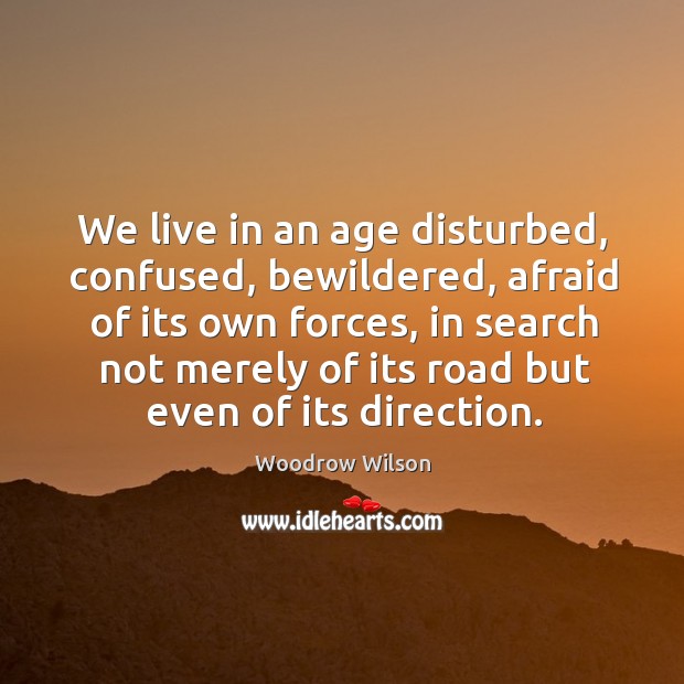We live in an age disturbed, confused, bewildered, afraid of its own forces Woodrow Wilson Picture Quote