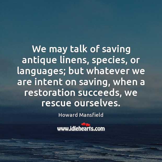 We may talk of saving antique linens, species, or languages; but whatever Howard Mansfield Picture Quote