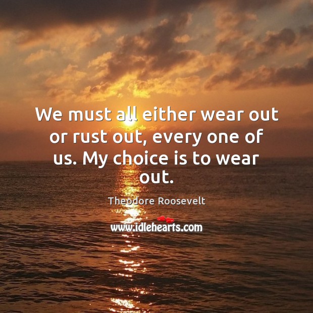 We must all either wear out or rust out, every one of us. My choice is to wear out. Theodore Roosevelt Picture Quote