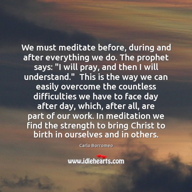 We must meditate before, during and after everything we do. The prophet Carlo Borromeo Picture Quote