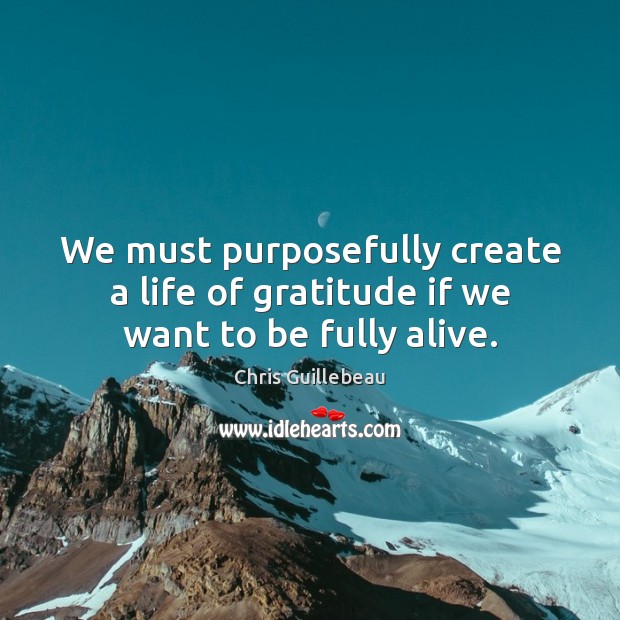 We must purposefully create a life of gratitude if we want to be fully alive. Chris Guillebeau Picture Quote
