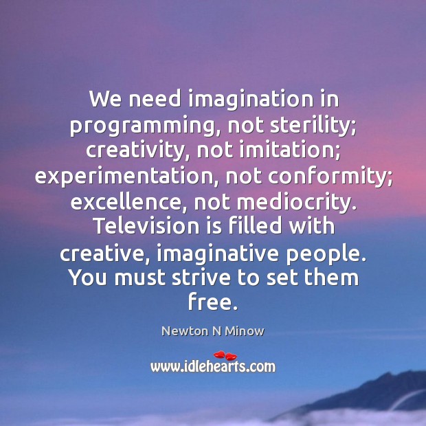 We need imagination in programming, not sterility; creativity, not imitation; experimentation, not Newton N Minow Picture Quote