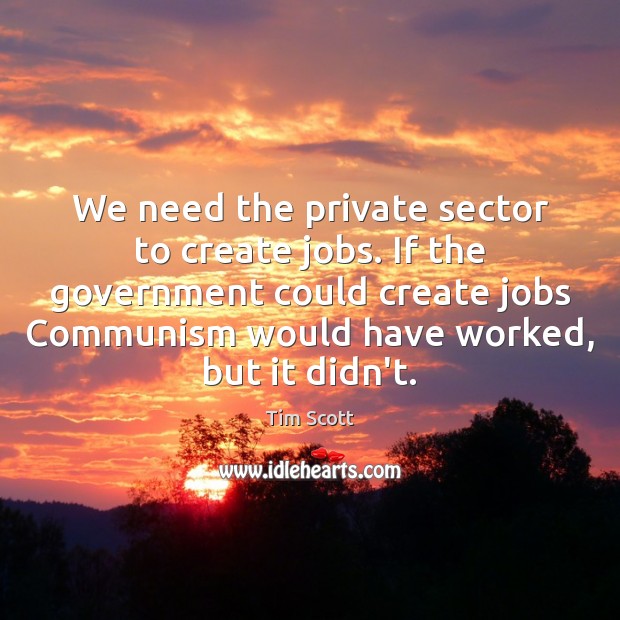 We need the private sector to create jobs. If the government could Tim Scott Picture Quote