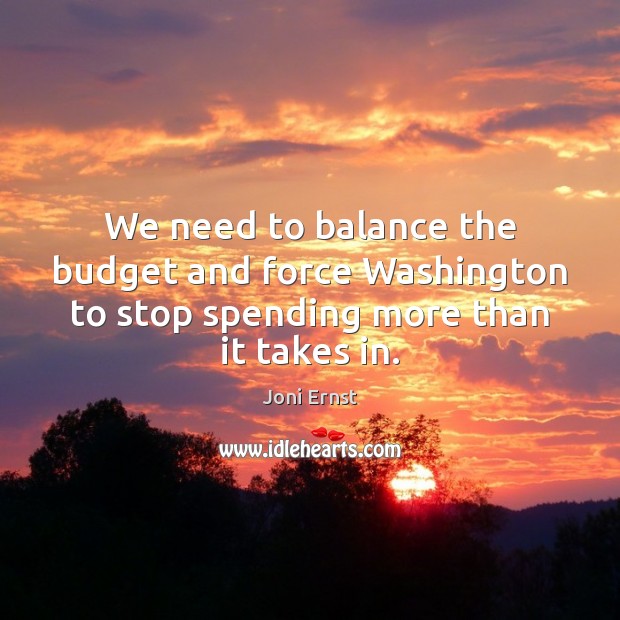 We need to balance the budget and force Washington to stop spending more than it takes in. Joni Ernst Picture Quote
