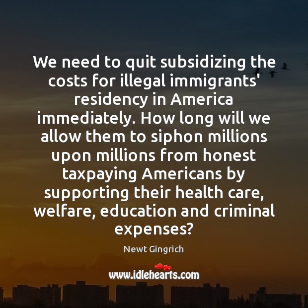We need to quit subsidizing the costs for illegal immigrants’ residency in Newt Gingrich Picture Quote