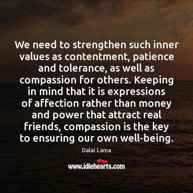 We need to strengthen such inner values as contentment, patience and tolerance, Real Friends Quotes Image