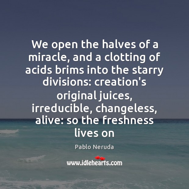 We open the halves of a miracle, and a clotting of acids Pablo Neruda Picture Quote