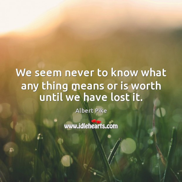 We seem never to know what any thing means or is worth until we have lost it. Albert Pike Picture Quote