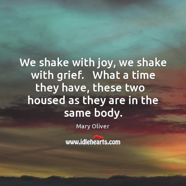 We shake with joy, we shake with grief.   What a time they Mary Oliver Picture Quote
