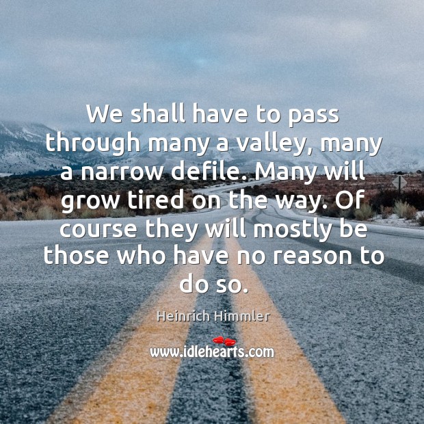 We shall have to pass through many a valley, many a narrow defile. Many will grow tired on the way. Heinrich Himmler Picture Quote