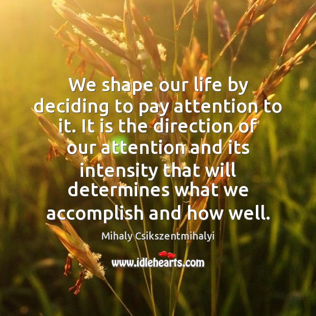 We shape our life by deciding to pay attention to it. It Mihaly Csikszentmihalyi Picture Quote