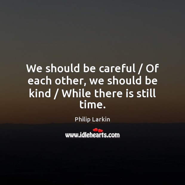 We should be careful / Of each other, we should be kind / While there is still time. Philip Larkin Picture Quote