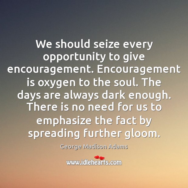 We should seize every opportunity to give encouragement. Encouragement is oxygen to George Madison Adams Picture Quote