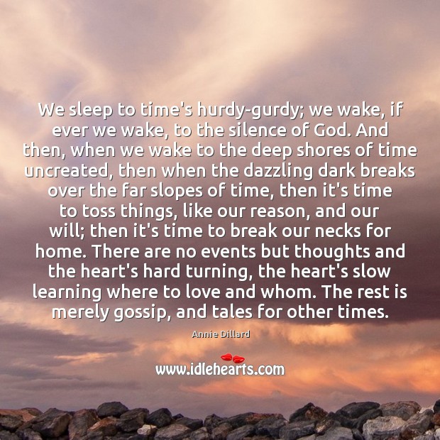 We sleep to time’s hurdy-gurdy; we wake, if ever we wake, to Annie Dillard Picture Quote