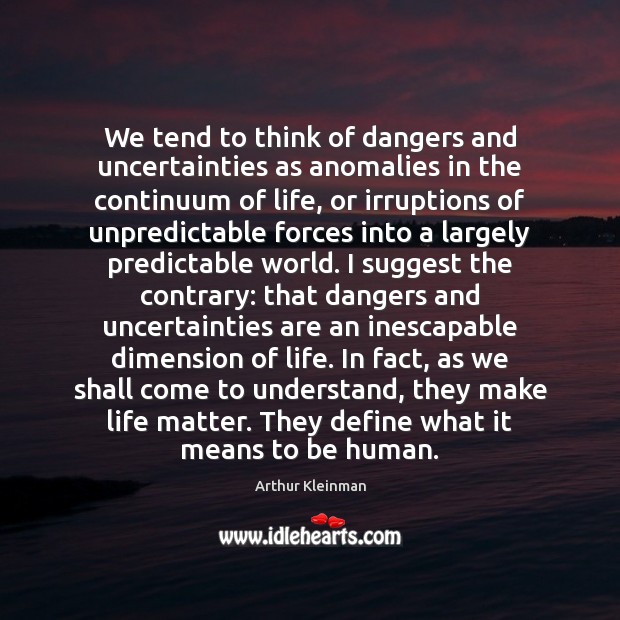 We tend to think of dangers and uncertainties as anomalies in the Arthur Kleinman Picture Quote