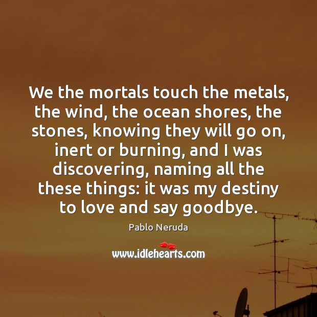 We the mortals touch the metals, the wind, the ocean shores, the Pablo Neruda Picture Quote