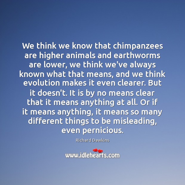 We think we know that chimpanzees are higher animals and earthworms are Richard Dawkins Picture Quote
