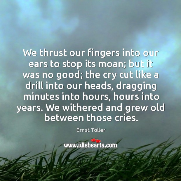 We thrust our fingers into our ears to stop its moan; but it was no good Image